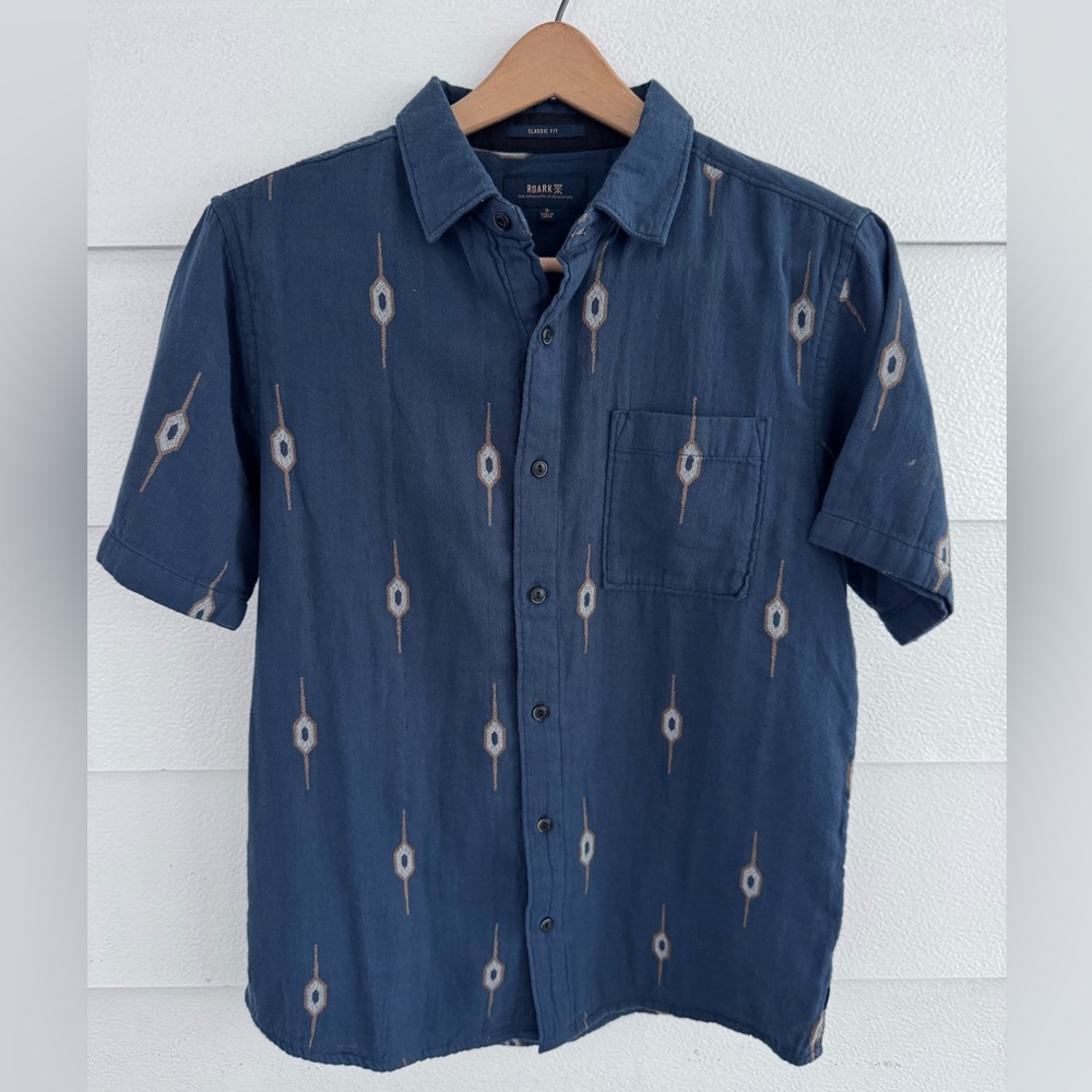 Roark Journey Shirt Men’s S Navy Blue Short Sleeve Button Up 100% Organic Cotton